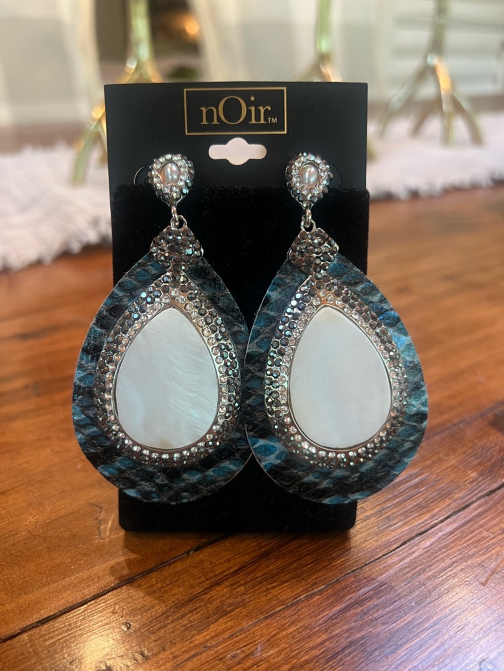 nOir Jewelry Teardrop Mother-of-Pearl and Blue Patterned Statement Earrings